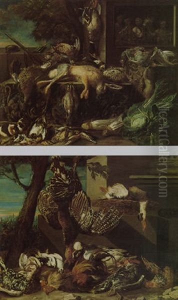 Natura Morta Con Vari Uccelli, Anatra In Un Cesto, Tacchino E Gallo Disposti Davanti Ad Un Plinto A Forma Di Colonna Oil Painting by Hieronymus Galle I