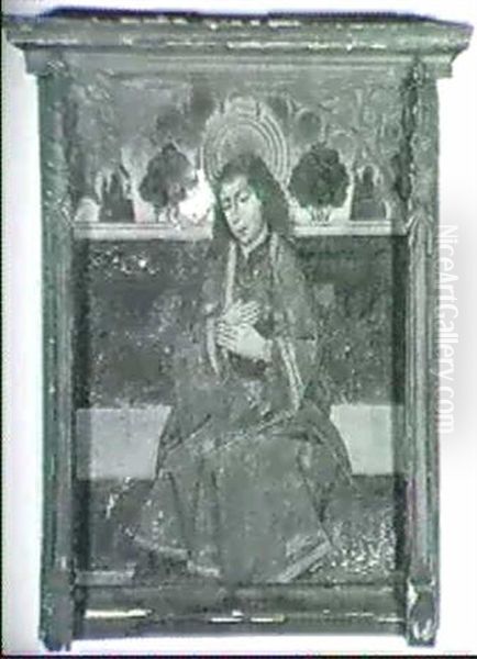 A Male Saint, Seated Small Full Length, Before A Garden Wall Oil Painting by Fernando Gallego