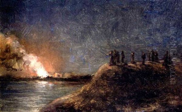 Tulipalon Katselijat Pitkansillan Rannassa Oil Painting by Akseli Valdemar Gallen-Kallela