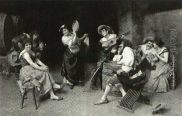 A Party In The Wine Cellar Oil Painting by Giuseppe Galli