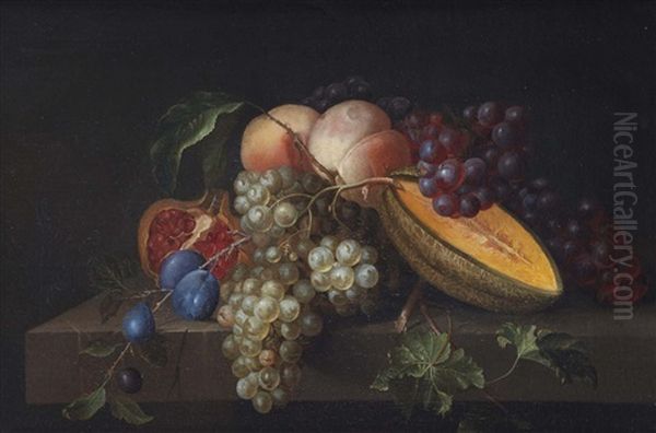 A Melon, Peach, Plum, Pommegranate And Grapes On A Stone Ledge Oil Painting by Pieter Gallis