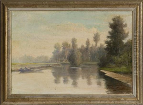 Calm Water Scene With Person In RowBoat. Oil Painting by Jules-Charles Aviat