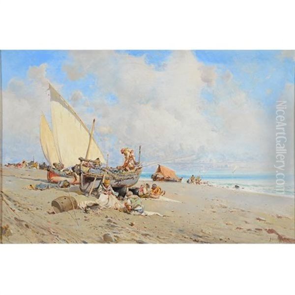 Fishermen Oil Painting by Baldomero Galofre Y Gimenez