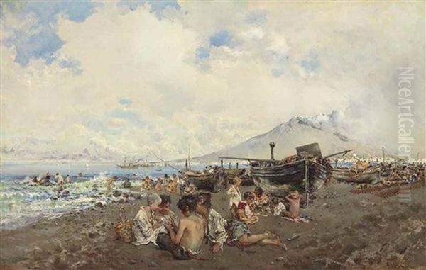 Children Playing Cards On A Beach, The Bay Of Naples And Vesuvius Beyond Oil Painting by Baldomero Galofre Y Gimenez