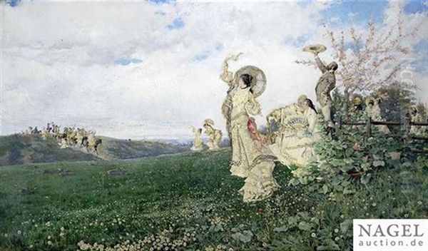 An Elegant Company In Countryside Welcoming Another Company Oil Painting by Baldomero Galofre Y Gimenez