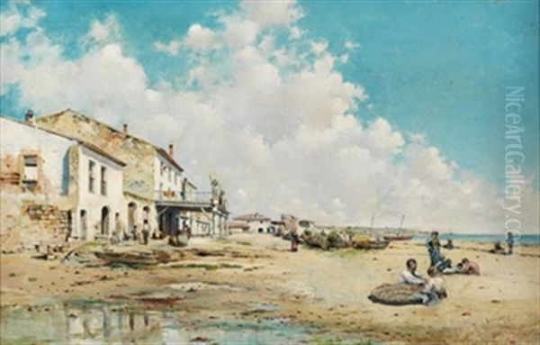 Personajes En Playa De Pescadores Oil Painting by Baldomero Galofre Y Gimenez