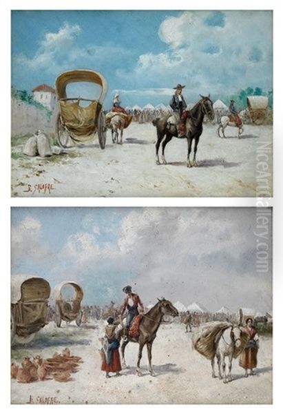 Mercado En El Camino (pair) Oil Painting by Baldomero Galofre Y Gimenez