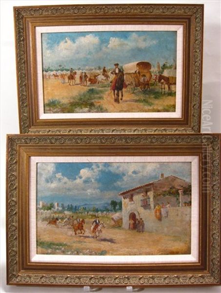 View Of Camp (+ Riding Through Outskirts Of Village; Pair) Oil Painting by Baldomero Galofre Y Gimenez