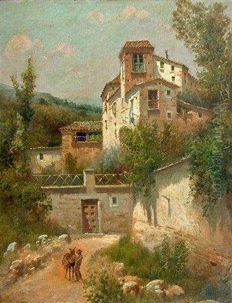 A Catalan Street Scene Oil Painting by Baldomero Galofre Y Gimenez