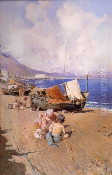 Enfants Sur La Plage, Baie De Naples Oil Painting by Baldomero Galofre Y Gimenez