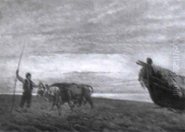 Oxen Pulling The Boat Oil Painting by Baldomero Galofre Y Gimenez