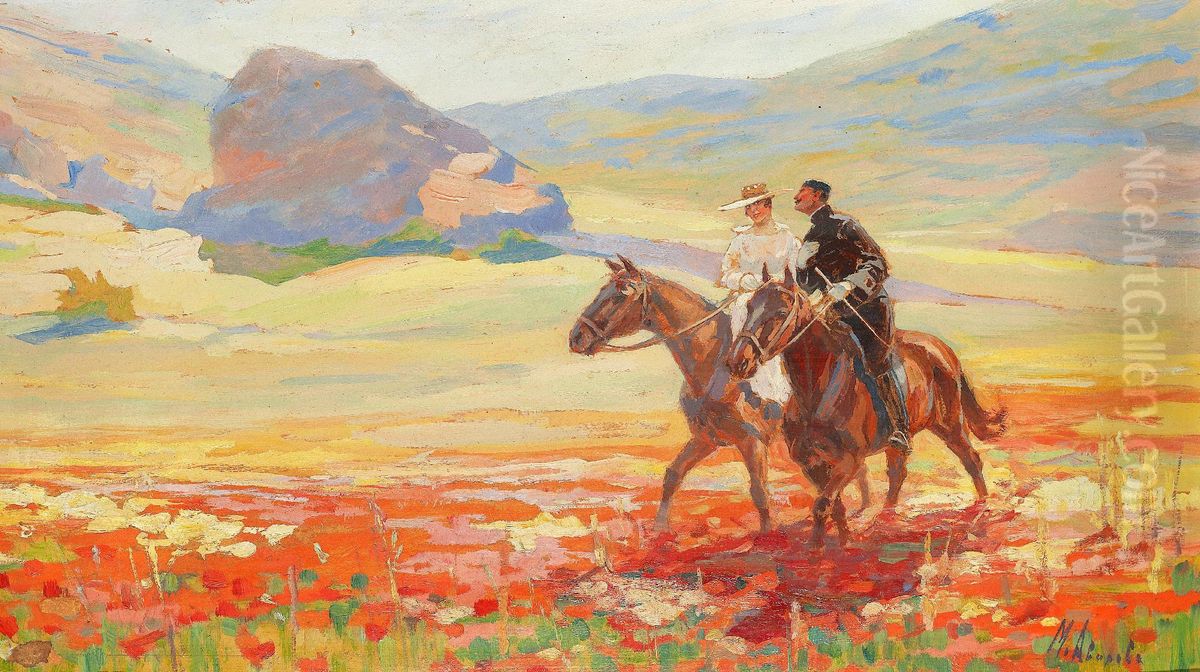 Crimean Landscape With Riding Couple Oil Painting by Mikhail Ivanovitch Avilov