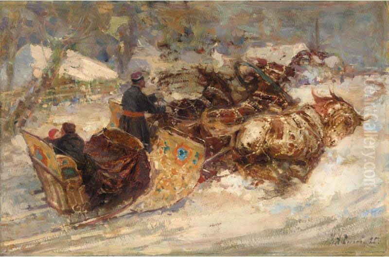 Lovers In A Troika Oil Painting by Mikhail Ivanovitch Avilov
