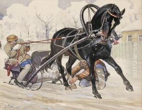 Russische Bauern Beim Einspannen Des Pferdeschlittens. Oil Painting by Mikhail Ivanovitch Avilov