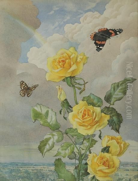 Yellow Roses With Butterflies And Rainbow Oil Painting by Andrey Avinoff
