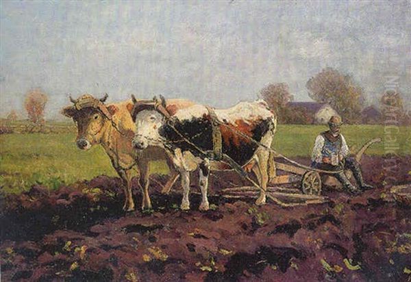 Rastender Bauer Mit Ochsen Vor Einem Pflug Oil Painting by Otto Gampert
