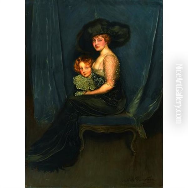 A Portrait Of A Lady In A Black Satin Dress With Her Son Oil Painting by Antonio De La Gandara
