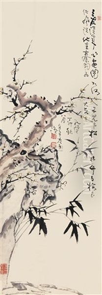 Plum And Bamboo Rock Oil Painting by Gao Fenghan