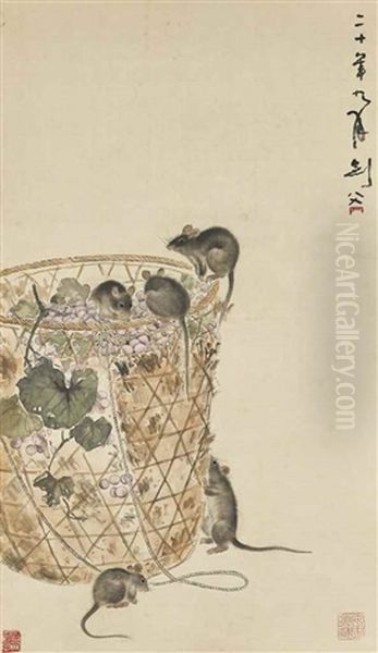 Rats And Grapes Oil Painting by Gao Jianfu