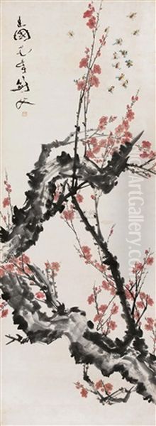Red Plum Oil Painting by Gao Jianfu