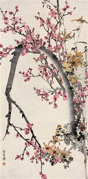 Plum And Mum Oil Painting by Gao Jianfu