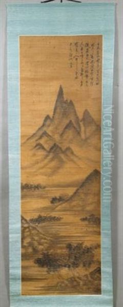 Stimmungsvolle Wasserlandschaft Mit Zwei Hutten Und Einem Pavillon Am Ufer. Bergmassive Im Hintergrund Oil Painting by Gao Kegong