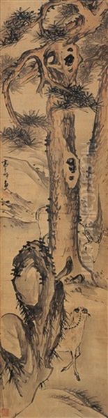 Pine And Deer Oil Painting by  Gao Qipei