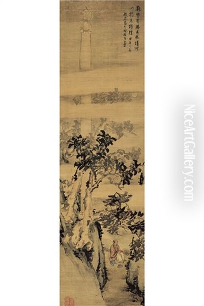 Appreciating Scenery Under The Moon Oil Painting by  Gao Qipei