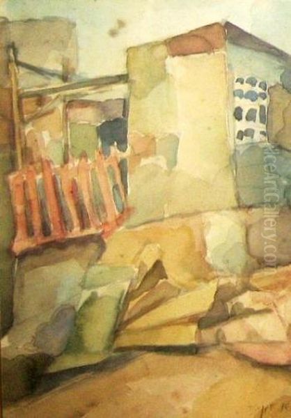 Houses In A Landscape Oil Painting by Aharon Avni