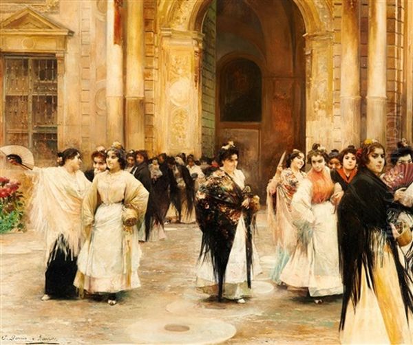 Vor Der Kathedrale Von Sevilla Oil Painting by Jose Garcia y Ramos