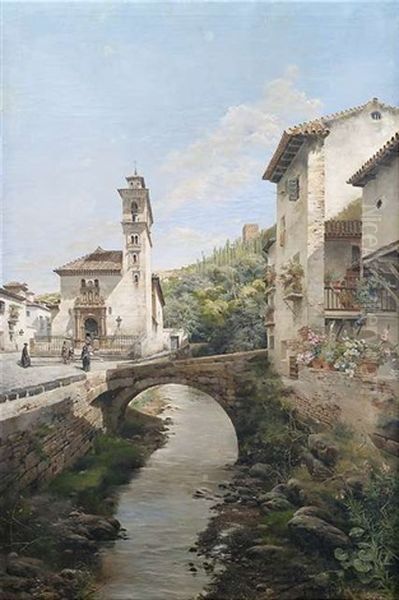 In Der Altstadt Von Granada. Blick Auf Die Am Fluss Darro Gelegene Kirche Santa Ana, Im Hintergrund Die Alhambra Oil Painting by Manuel Garcia y Rodriguez