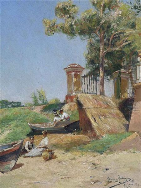 A Picnic By The Rowing Boats On The Riverbank, El Real De La Java Oil Painting by Manuel Garcia y Rodriguez