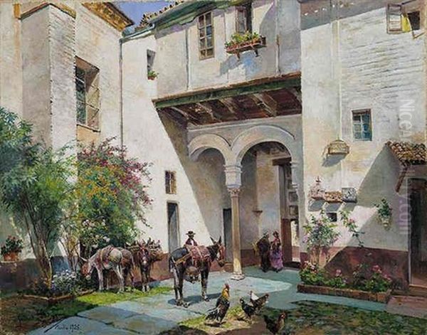 Un Patio Sevillano Oil Painting by Manuel Garcia y Rodriguez
