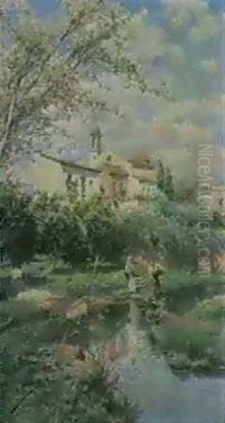 Crossing The Stream Oil Painting by Manuel Garcia y Rodriguez