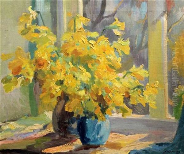 Still Life Of Narcissi In Vases Oil Painting by Stanley Horace Gardiner