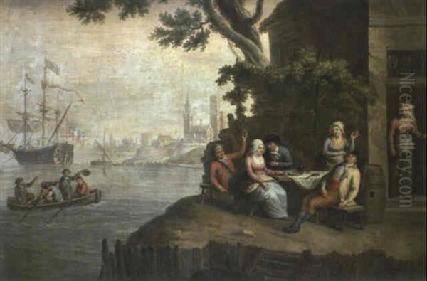 Paysans Attables A La Terrasse D'une Auberge Oil Painting by Jan Anton Garemyn