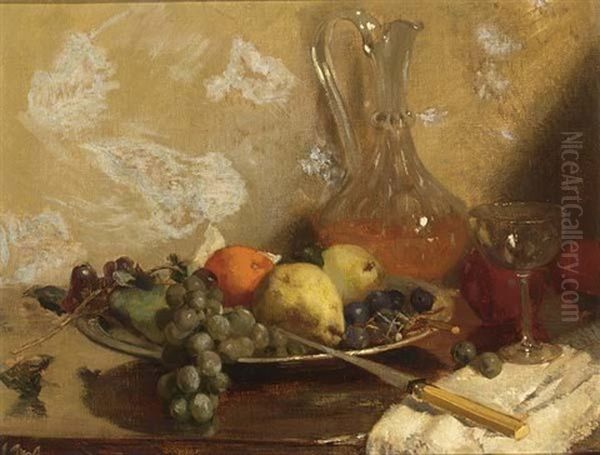 Still Life With Grapes, Oranges And A Knife, All On A Wooden Table Oil Painting by Solomon Garf