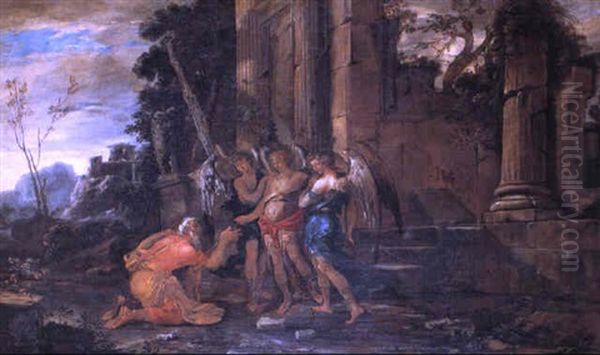 Abramo E I Tre Angeli Oil Painting by Domenico Gargiulo