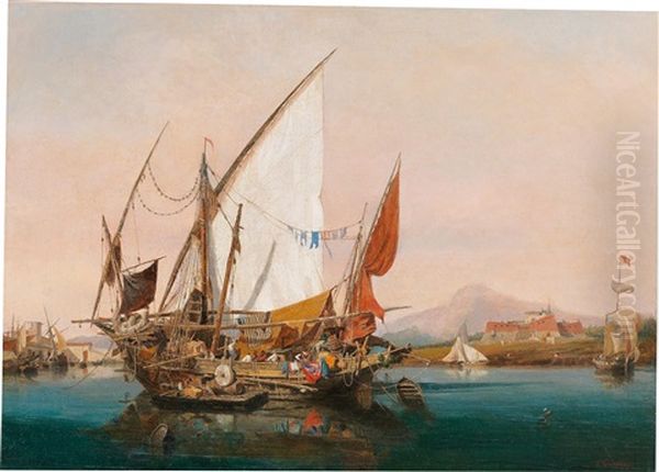 Sailors Loading A Ship In A Southern Harbour Oil Painting by Ambroise-Louis Garneray