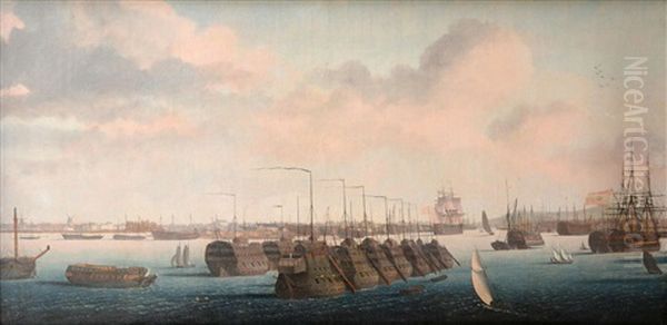 Prison Hulks Lying In Portsmouth Harbour Oil Painting by Ambroise-Louis Garneray
