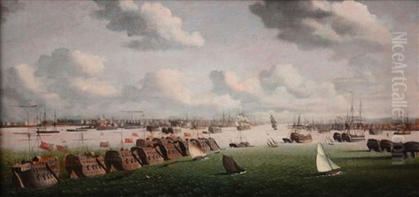 Prison Hulks And Other Shipping In Portsmouth Harbour Oil Painting by Ambroise-Louis Garneray