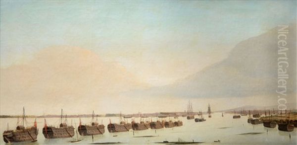 Early Morning View Of Portsmouth Harbour With The Prison Hulks At Low Tide, Showing Fishermen And Nets On The Mud Banks Oil Painting by Ambroise-Louis Garneray