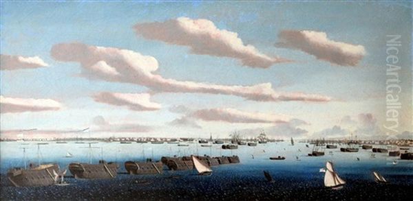 Panorama Of Portsmouth Harbour With Prison Hulks In Line Ahead And Warships At Anchor, Including Warships Of The American And Spanish Navies Oil Painting by Ambroise-Louis Garneray