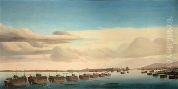 Prison Hulks Lying In Portsmouth Harbour At Dusk Oil Painting by Ambroise-Louis Garneray