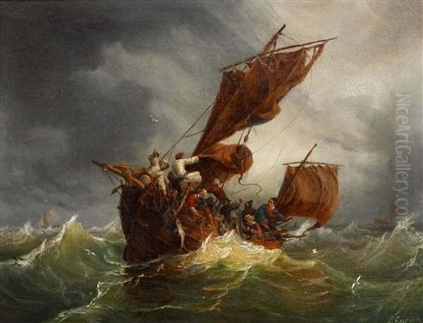 A Boat In Stormy Seas Oil Painting by Ambroise-Louis Garneray
