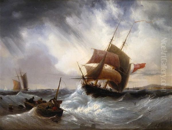 A Brig And A Small Boat In A Stormy Sea Oil Painting by Ambroise-Louis Garneray