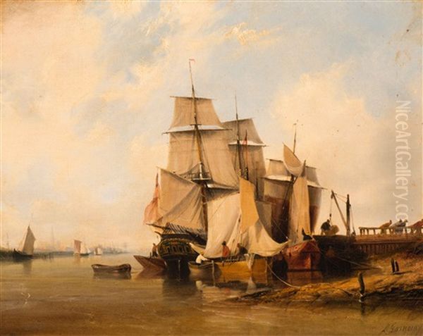The Unloading Of Ships In The Inner Harbour Oil Painting by Ambroise-Louis Garneray