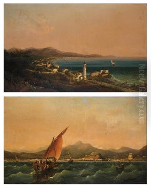 Vue De Nice Depuis La Mer (+ Vue De Nice Depuis Les Montagnes; Pair) Oil Painting by Ambroise-Louis Garneray