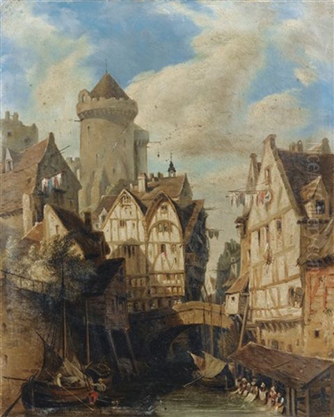 Vue D'une Ville Animee, Probablement En Normandie Oil Painting by Hippolyte Garneray