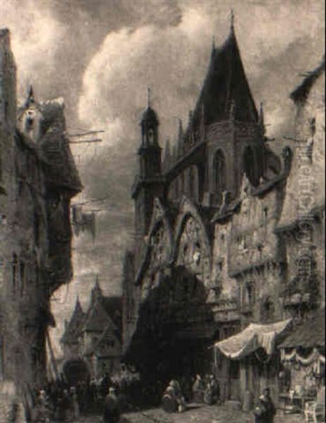 Markt In Einer Normannischen Kleinstadt Oil Painting by Hippolyte Garneray
